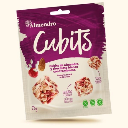 TURRON ampsud mandlite, valge šokolaadi ja punaste marjadega (25 g) CUBITS DE ALMENDRA Y CHOCOLATE BLANCO CON FRAMBUESA